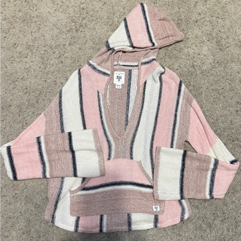 Billabong Pink, Tan, and Cream Striped Hooded Sweater/Coverup. Size XS. EUC